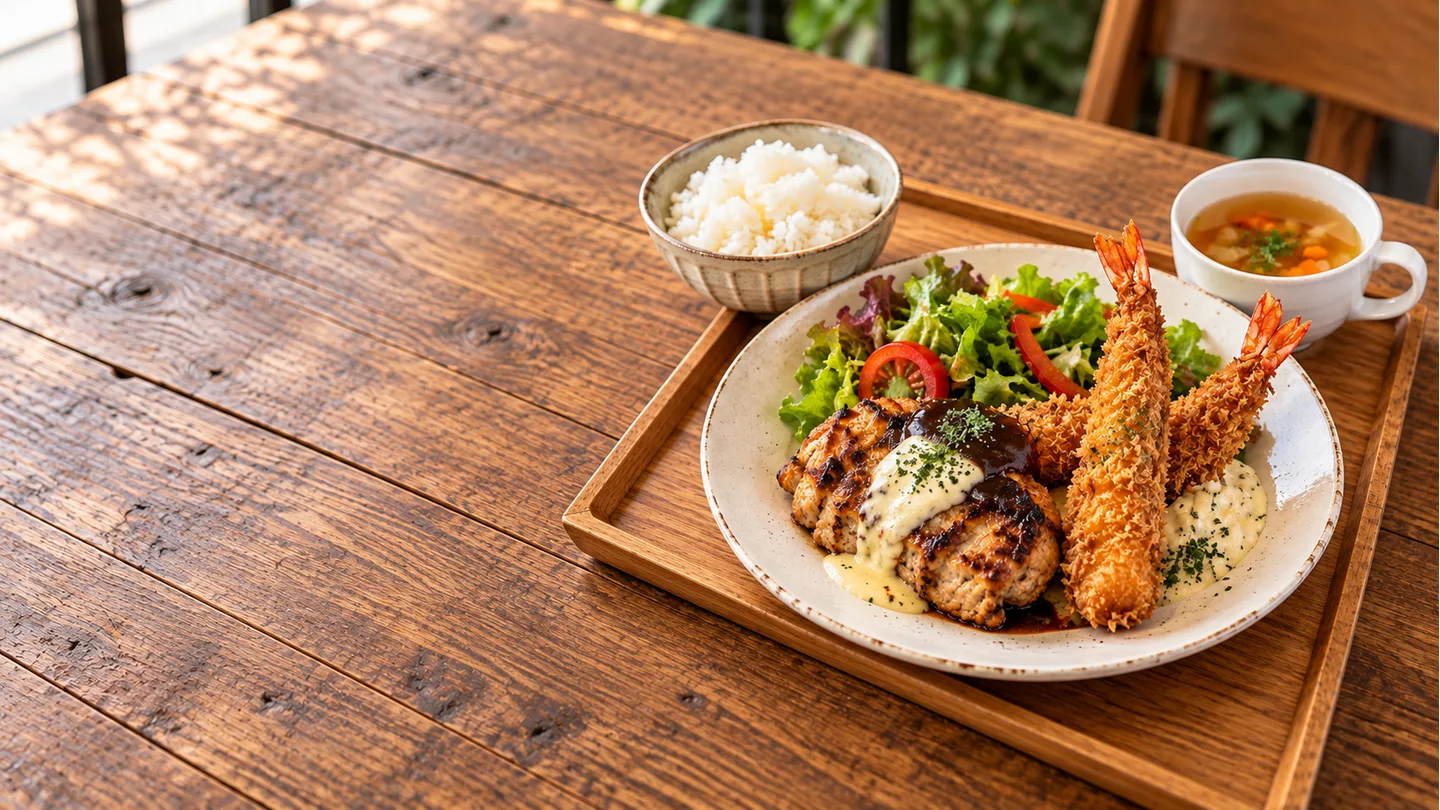 海老フライと肉の主菜、サラダ、ご飯、スープを並べたランチセット